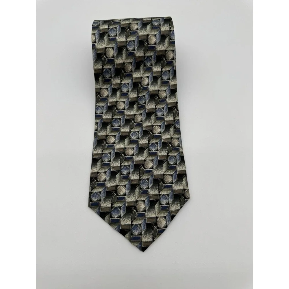 Barrington 100% Silk Tie Geometric Cube Pattern Blue Gray Brown Classic Mens Tie